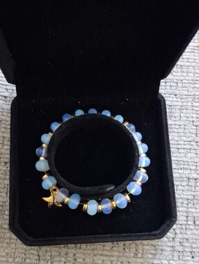 Gold Charm Blue Opal Bead Stretch Bracelet - Unbranded